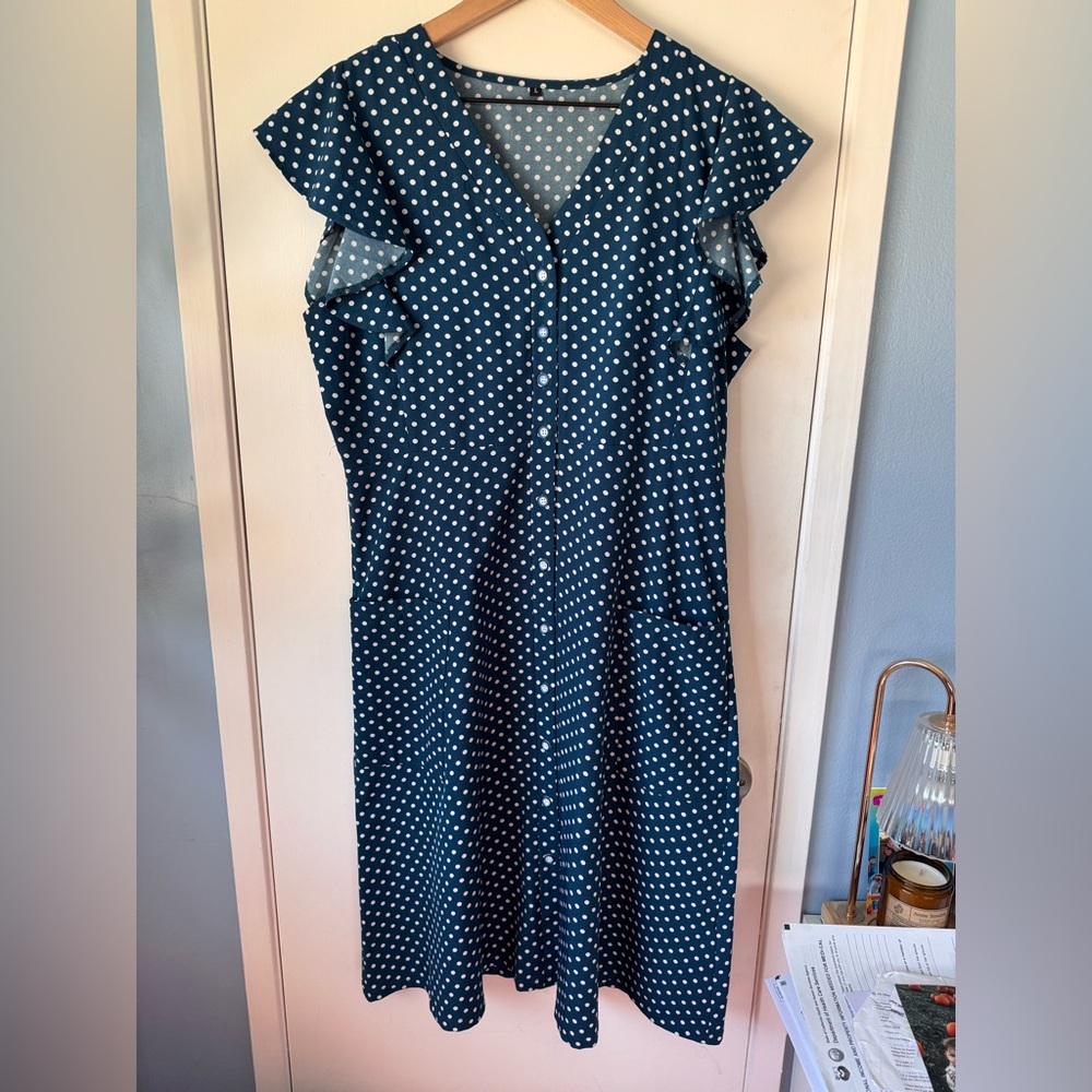Teal Polka Dot Button Front Midi Dress Large